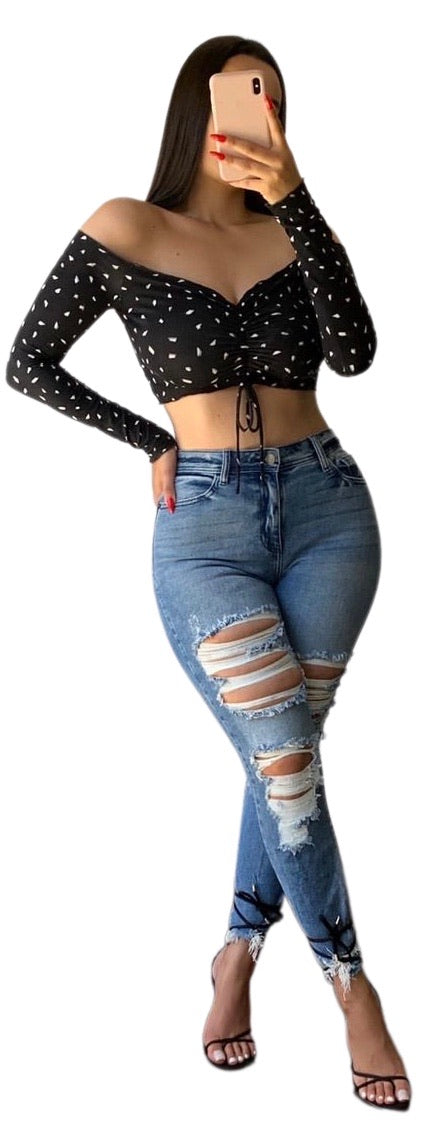 Speckled Tie Up Top - Black