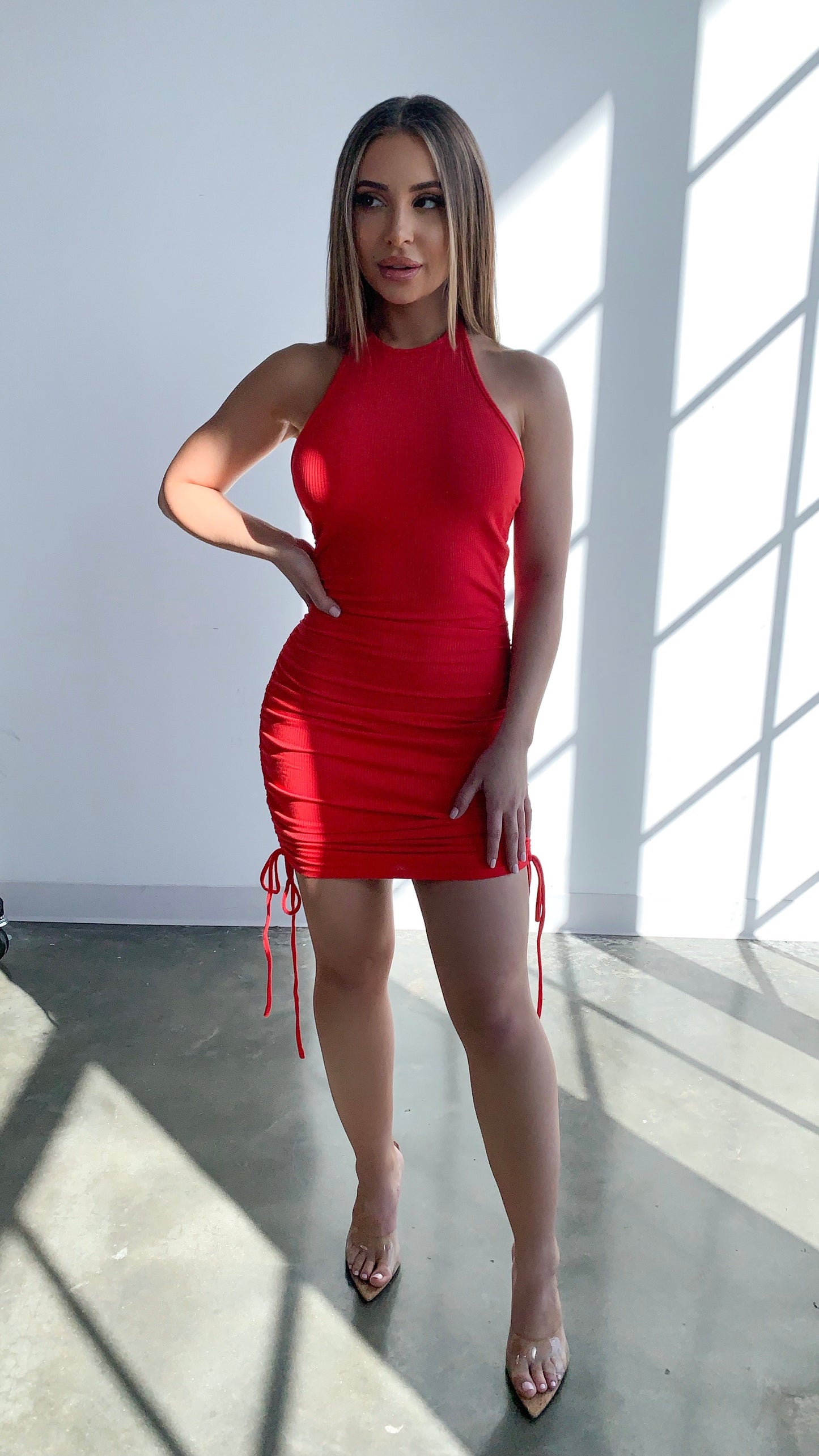 Tyra Ruched Mini Dress - Red