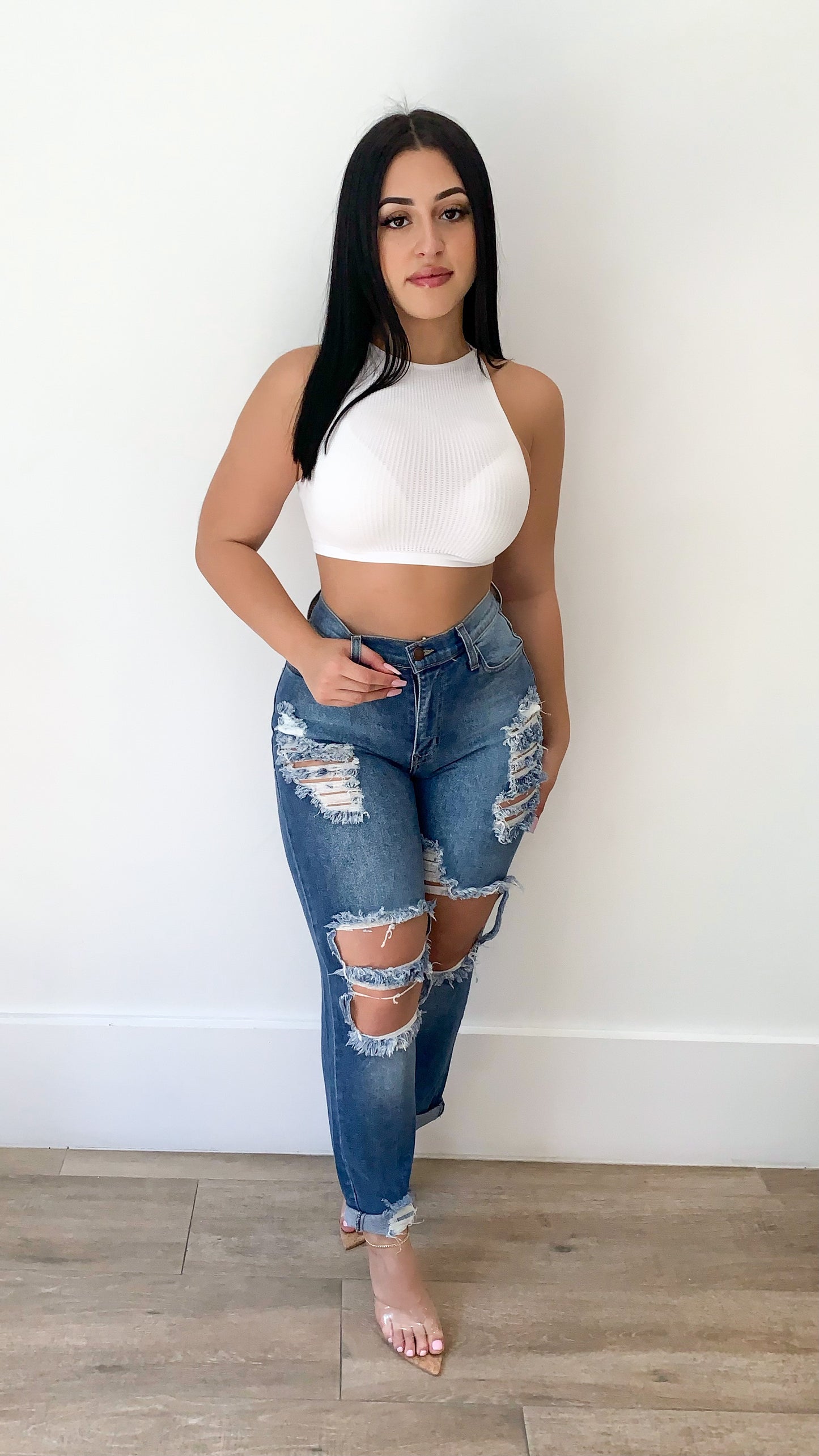 Waffle Sleeveless Crop Top - White