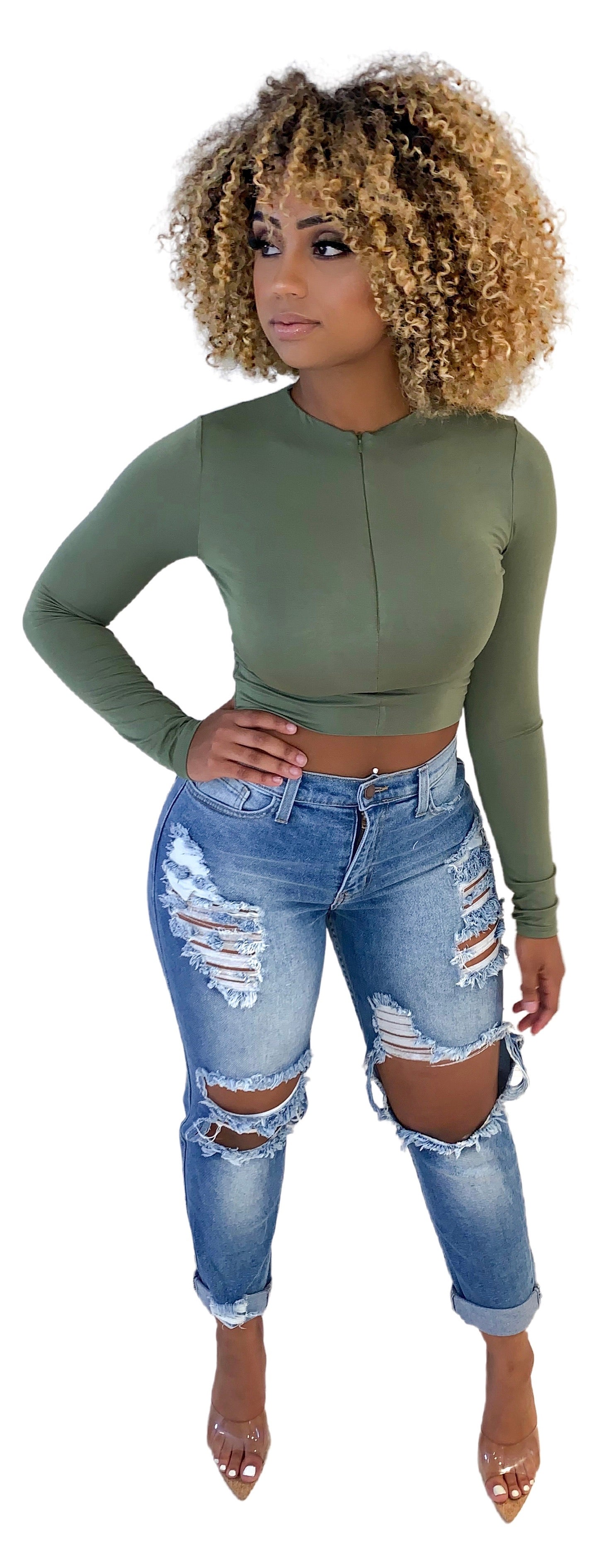 Zip It Long Sleeve Crop Top - Sage