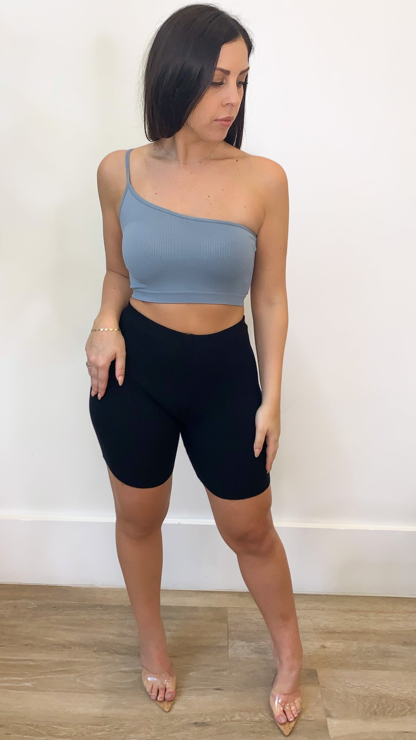 Basic Cami One Shoulder Crop Top - Blue