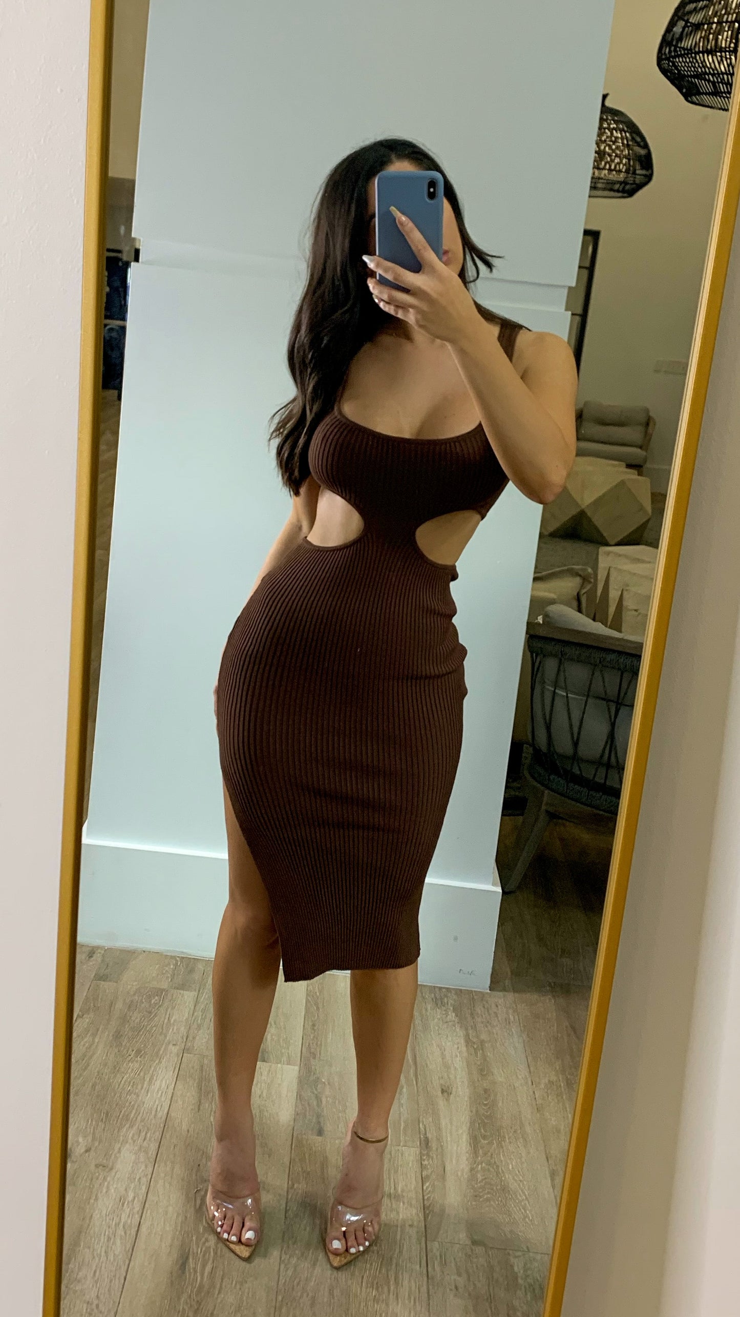 Whitney Front Cut Out Midi Dress - Cocoa Brown