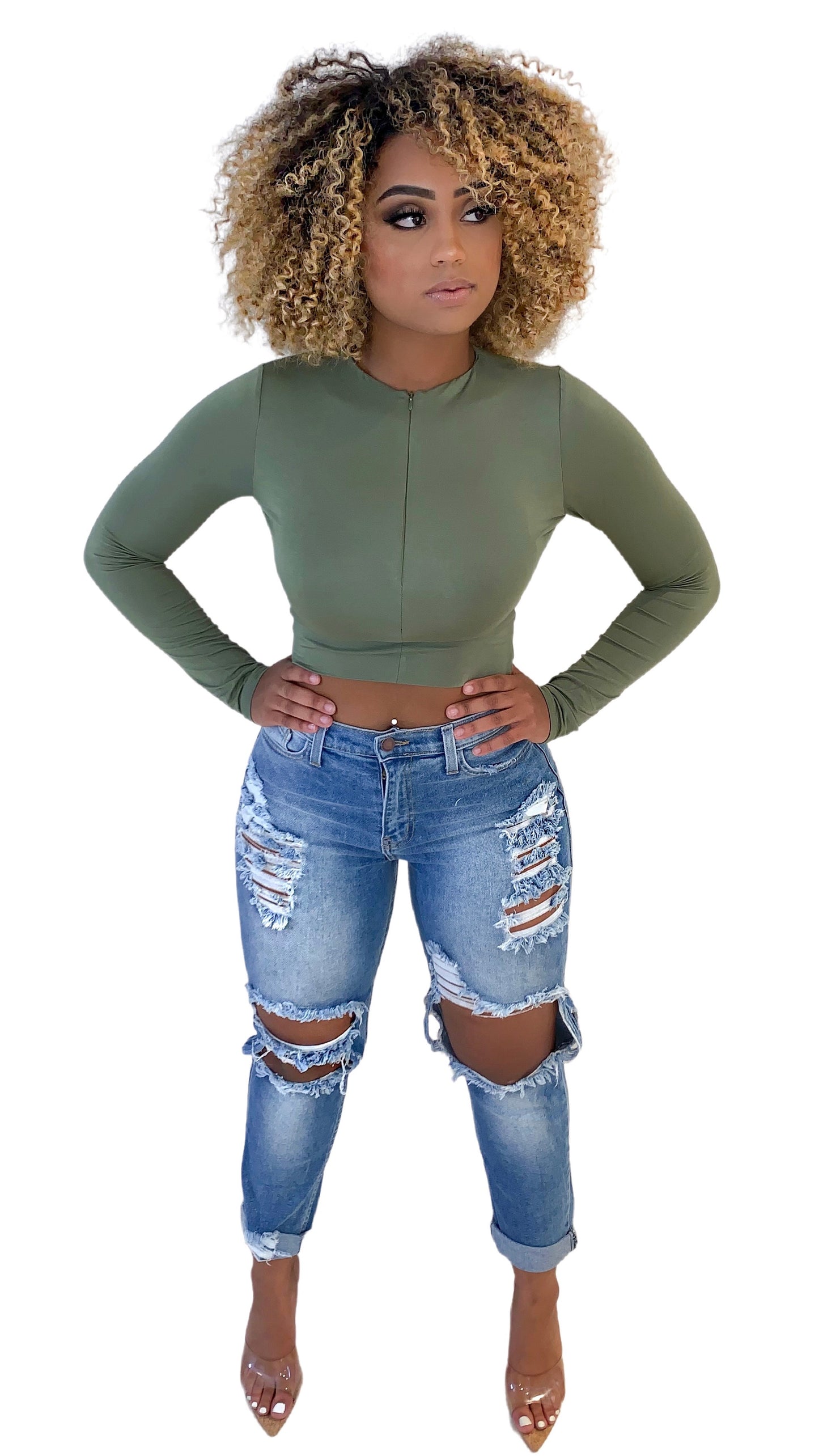 Zip It Long Sleeve Crop Top - Sage