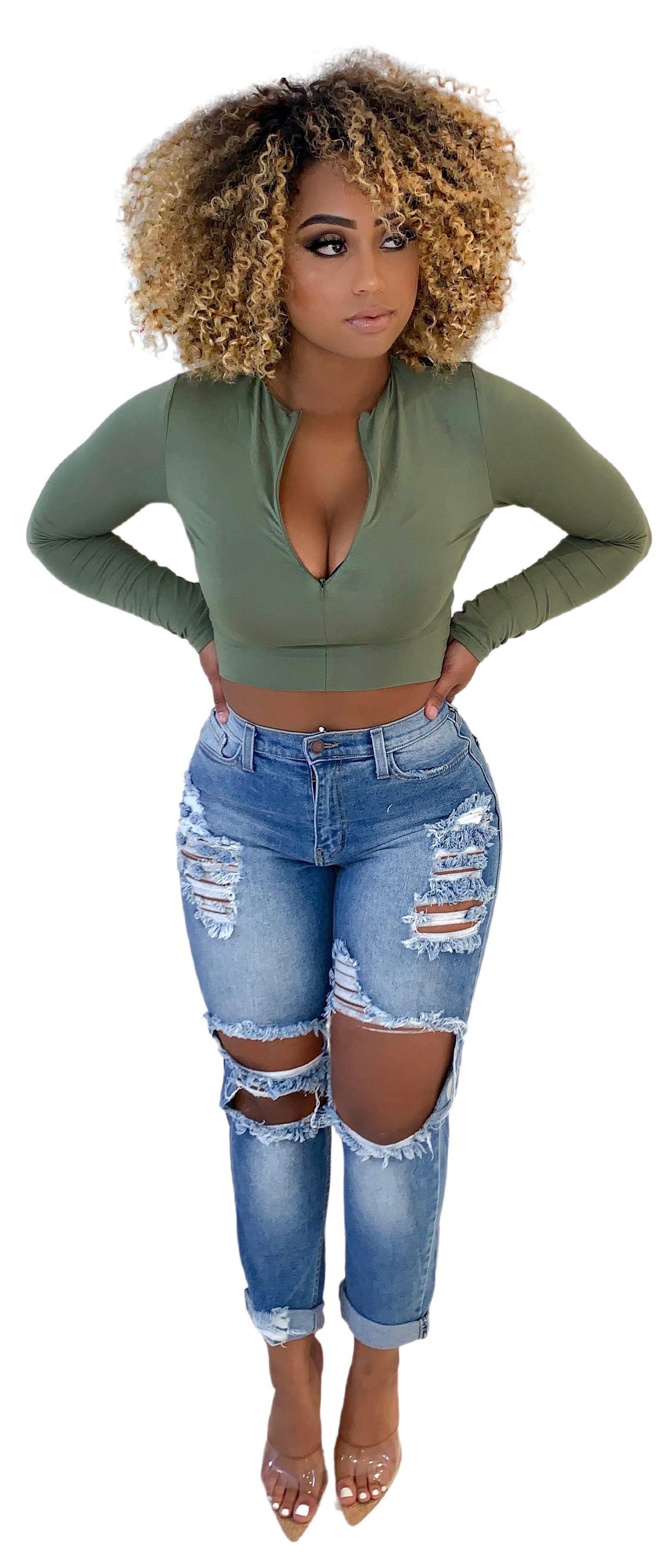 Zip It Long Sleeve Crop Top - Sage