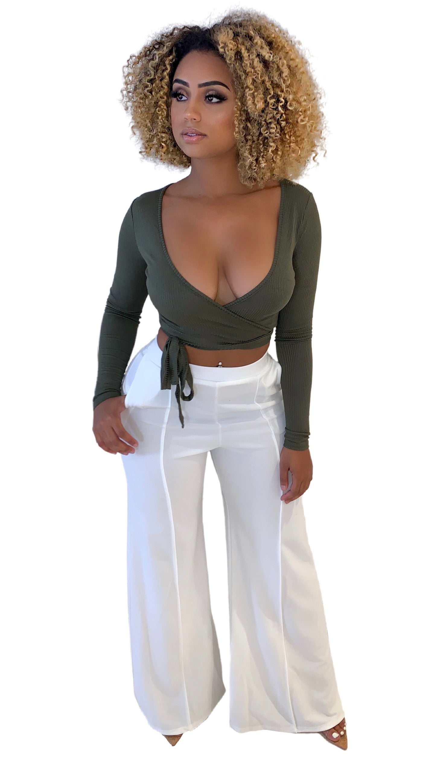 Mandi Long Sleeve Crop Top - Olive