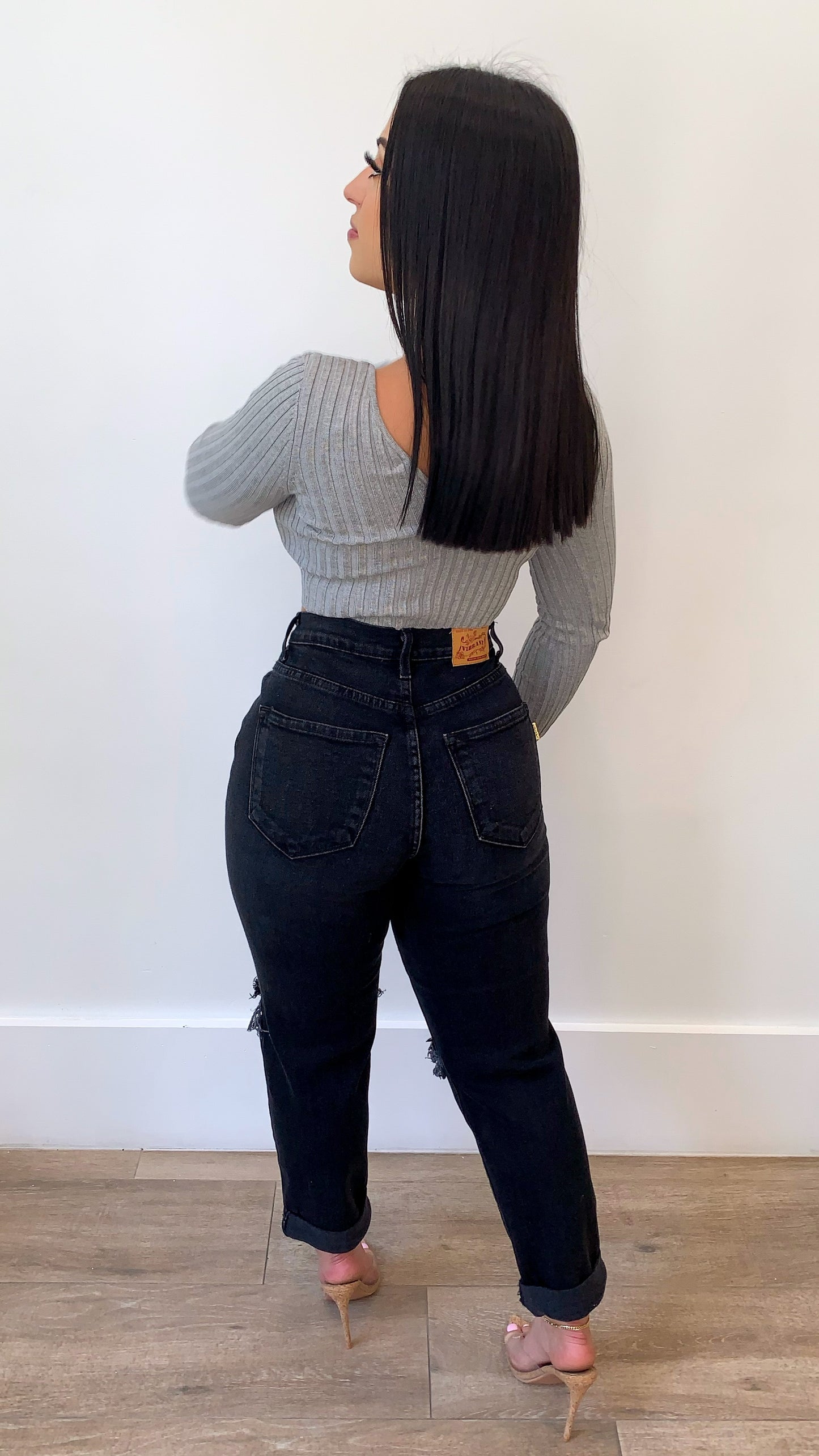 Michelle Ribbed Long Sleeve Crop Top - Heather Grey