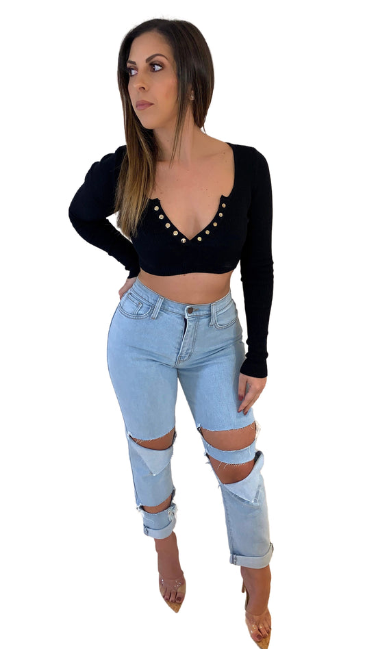 Levi Long Sleeve Crop Top - Black