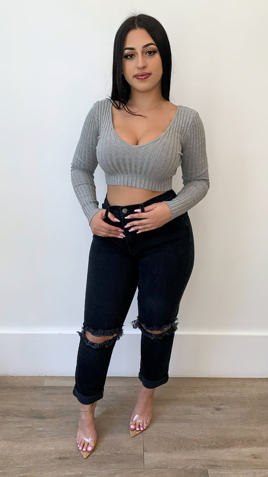 Michelle Ribbed Long Sleeve Crop Top - Heather Grey